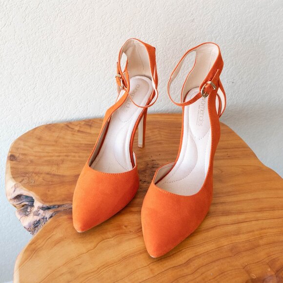 eva mendes for New York & Company Shoes - Eva Mendes Orange Suede Ankle Strap Heels | Size 9M Pointed Toe Stilettos